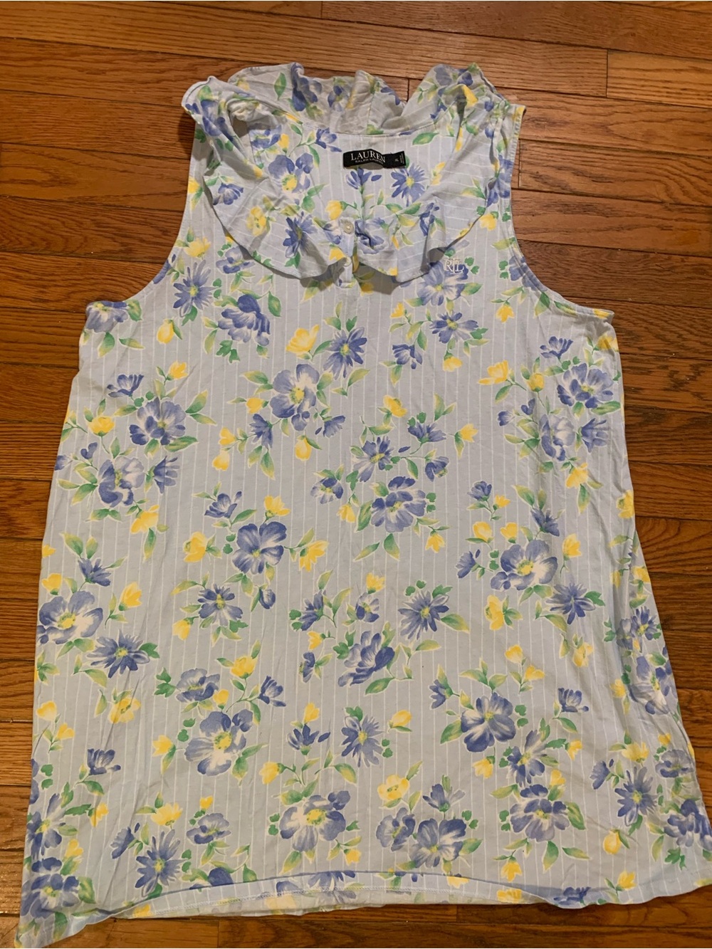 Ralph Lauren Floral Ruffle Neck Sleeveless Top - Light Blue, Yellow & Green